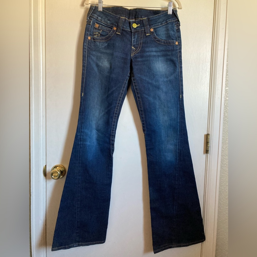 True Religion Dark Wash Joey Twisted Leg Flare Bell Bottom Denim Jean’s#Br